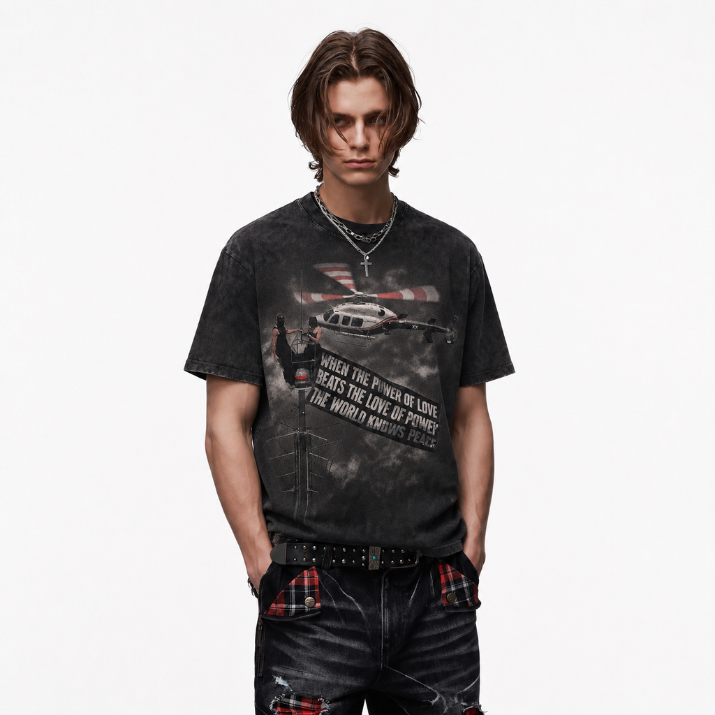 Vintage Acid Wash Helicopter Masked Figure Protest Quote Grunge Street Graphic Tee | Retro Unisex Oversized High-Quality Cotton Blend Streetwear T-Shirt