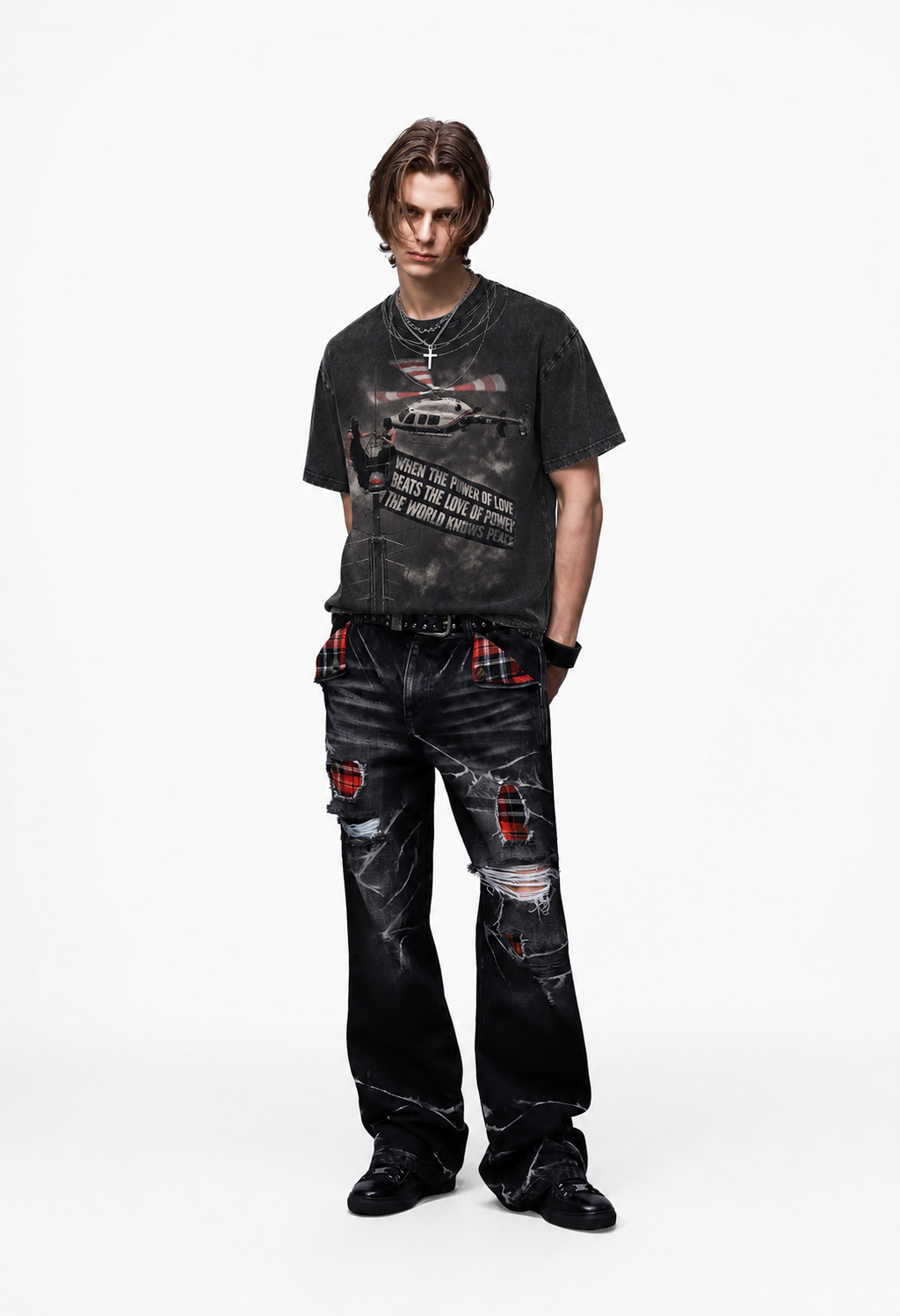 Vintage Acid Wash Helicopter Masked Figure Protest Quote Grunge Street Graphic Tee | Retro Unisex Oversized High-Quality Cotton Blend Streetwear T-Shirt