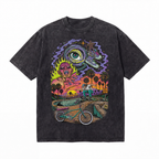 Vintage Acid Wash Hill Bomb Surreal Demon Eye Palm Sunset Skate Bicycle Graphic Tee | Retro Skate Unisex Oversized High-Quality Cotton Blend Streetwear T-Shirt