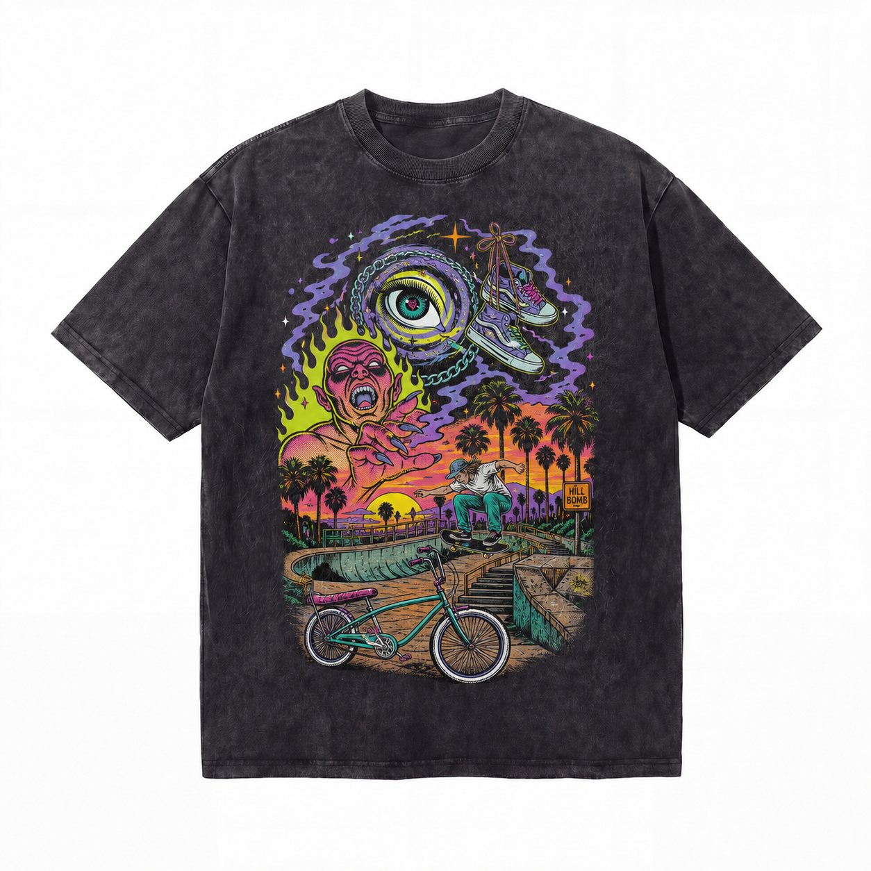 Vintage Acid Wash Hill Bomb Surreal Demon Eye Palm Sunset Skate Bicycle Graphic Tee | Retro Skate Unisex Oversized High-Quality Cotton Blend Streetwear T-Shirt