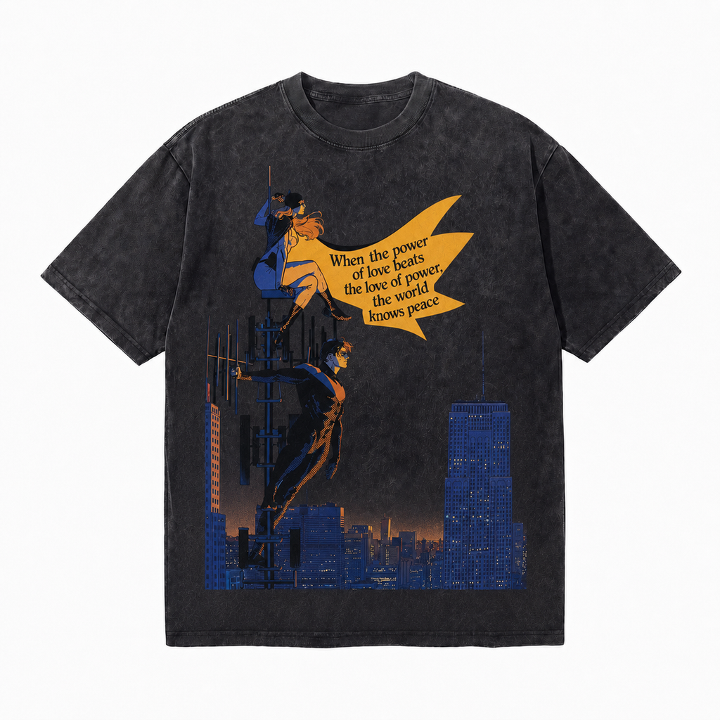 Vintage Acid Wash Superhero Couple City Skyline Love Over Power Peace Quote Graphic Tee | Retro Comic Unisex Oversized High-Quality Cotton Blend Streetwear T-Shirt