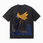Vintage Acid Wash Superhero Couple City Skyline Love Over Power Peace Quote Graphic Tee | Retro Comic Unisex Oversized High-Quality Cotton Blend Streetwear T-Shirt