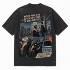 Vintage Acid Wash Comic Panel City Rooftop Proposal NYPD Arrest Love Over Power Peace Quote Graphic Tee | Retro Counter-Culture Unisex Oversized High-Quality Cotton Blend Streetwear T-Shirt