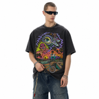 Vintage Acid Wash Hill Bomb Surreal Demon Eye Palm Sunset Skate Bicycle Graphic Tee | Retro Skate Unisex Oversized High-Quality Cotton Blend Streetwear T-Shirt