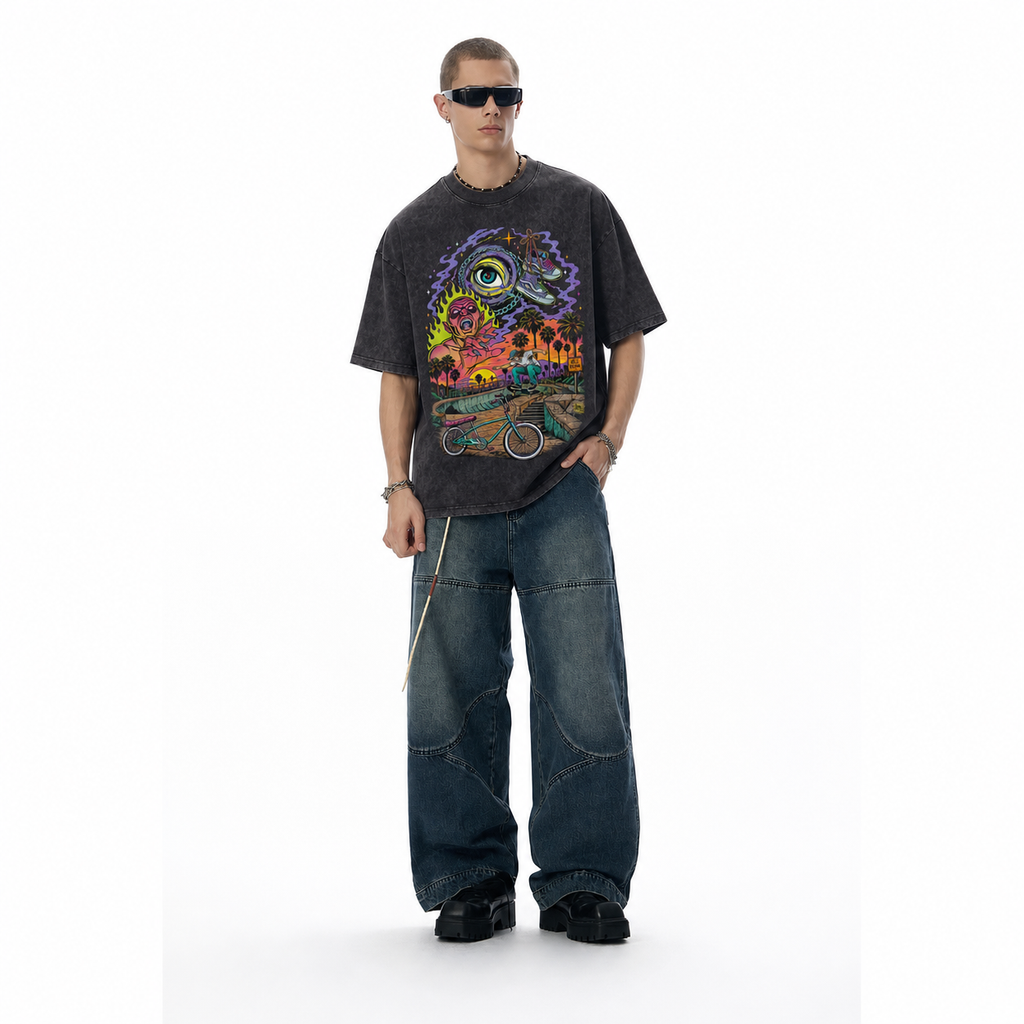 Vintage Acid Wash Hill Bomb Surreal Demon Eye Palm Sunset Skate Bicycle Graphic Tee | Retro Skate Unisex Oversized High-Quality Cotton Blend Streetwear T-Shirt