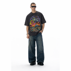 Vintage Acid Wash Hill Bomb Surreal Demon Eye Palm Sunset Skate Bicycle Graphic Tee | Retro Skate Unisex Oversized High-Quality Cotton Blend Streetwear T-Shirt