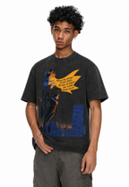 Vintage Acid Wash Superhero Couple City Skyline Love Over Power Peace Quote Graphic Tee | Retro Comic Unisex Oversized High-Quality Cotton Blend Streetwear T-Shirt
