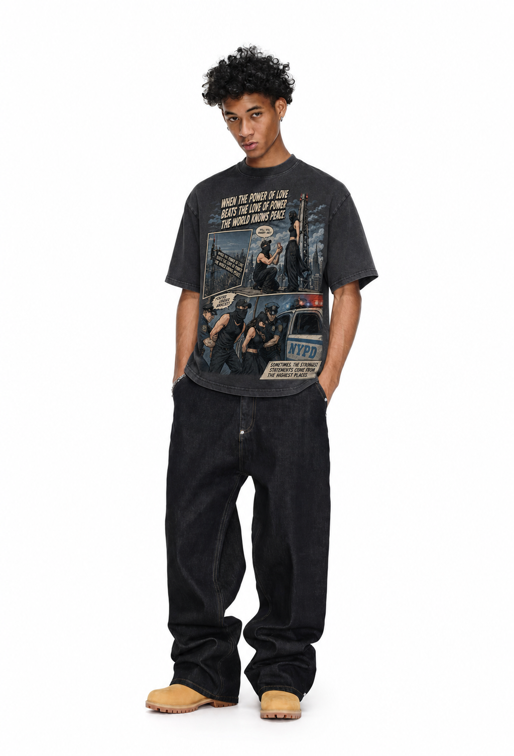 Vintage Acid Wash Comic Panel City Rooftop Proposal NYPD Arrest Love Over Power Peace Quote Graphic Tee | Retro Counter-Culture Unisex Oversized High-Quality Cotton Blend Streetwear T-Shirt