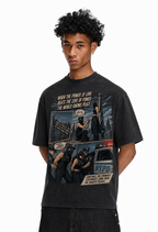 Vintage Acid Wash Comic Panel City Rooftop Proposal NYPD Arrest Love Over Power Peace Quote Graphic Tee | Retro Counter-Culture Unisex Oversized High-Quality Cotton Blend Streetwear T-Shirt