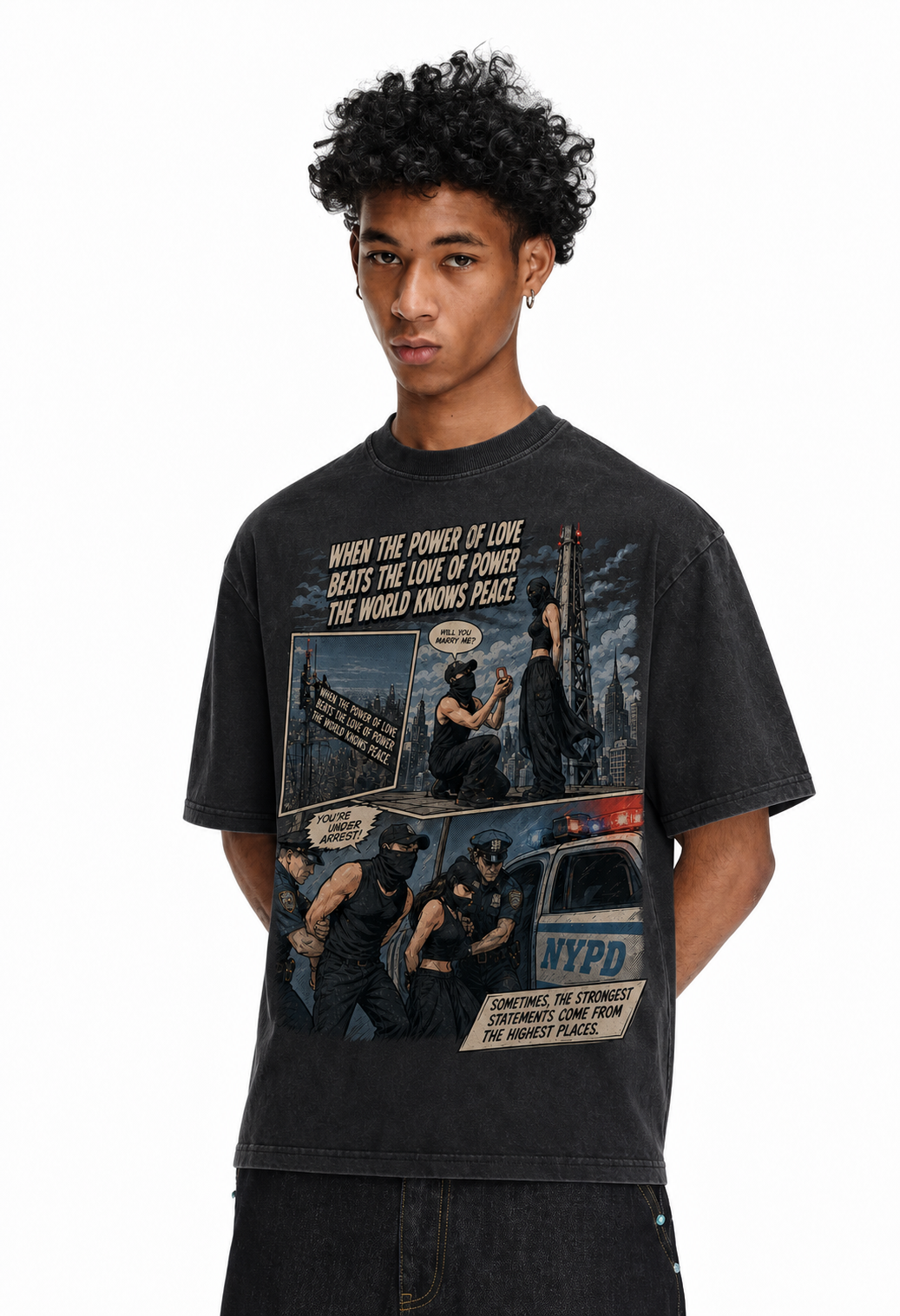 Vintage Acid Wash Comic Panel City Rooftop Proposal NYPD Arrest Love Over Power Peace Quote Graphic Tee | Retro Counter-Culture Unisex Oversized High-Quality Cotton Blend Streetwear T-Shirt