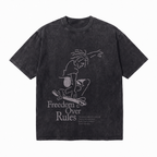 Vintage Acid Wash Freedom Over Rules Minimal Line Art Skateboarder Graphic Tee | Street Skate Freedom Unisex Oversized High-Quality Cotton Blend Streetwear T-Shirt