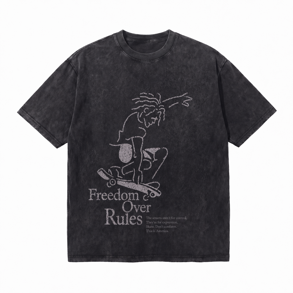Vintage Acid Wash Freedom Over Rules Minimal Line Art Skateboarder Graphic Tee | Street Skate Freedom Unisex Oversized High-Quality Cotton Blend Streetwear T-Shirt