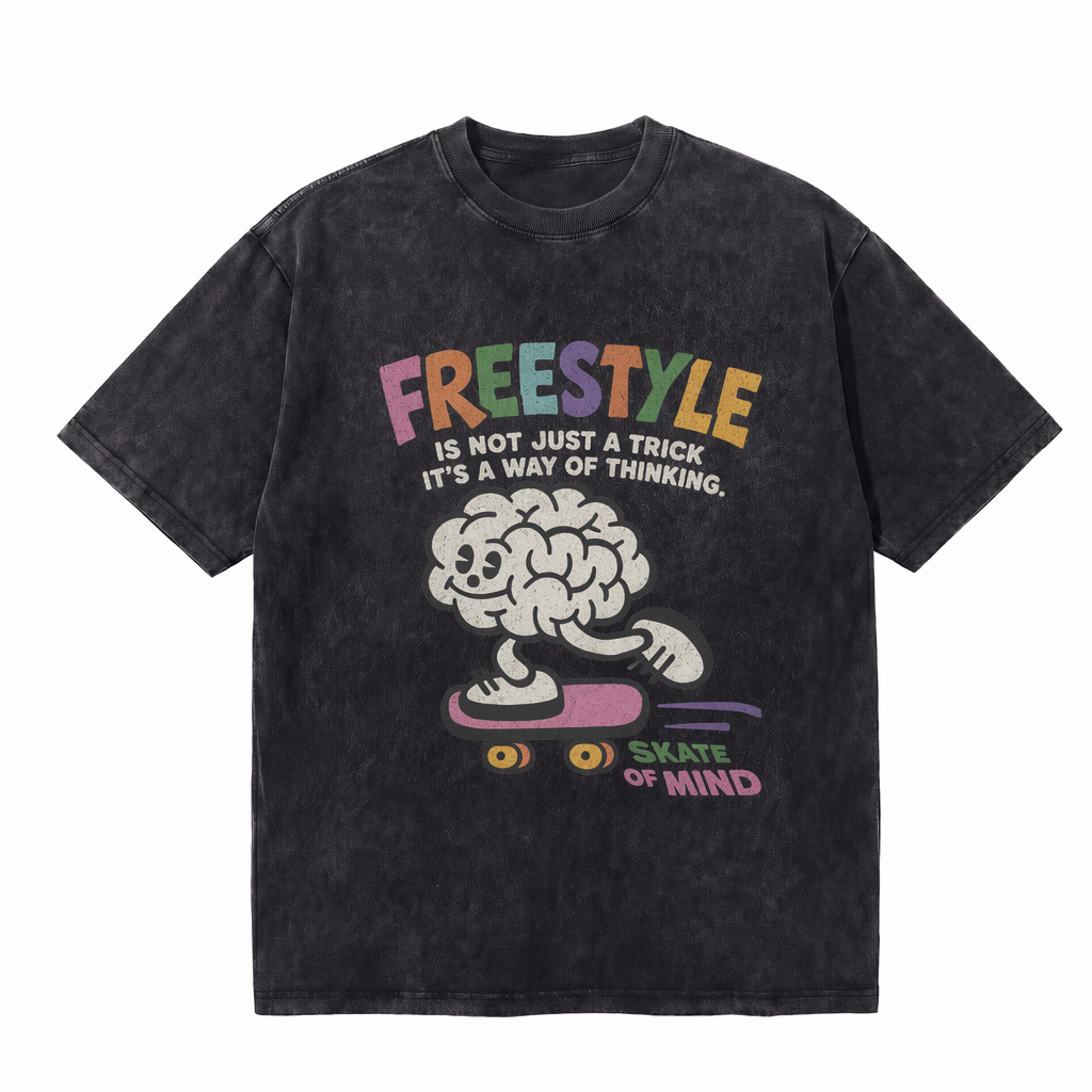 Vintage Acid Wash Freestyle Skate Of Mind Cartoon Brain Skateboard Graphic Tee | Retro Skate Unisex Oversized High-Quality Cotton Blend Streetwear T-Shirt