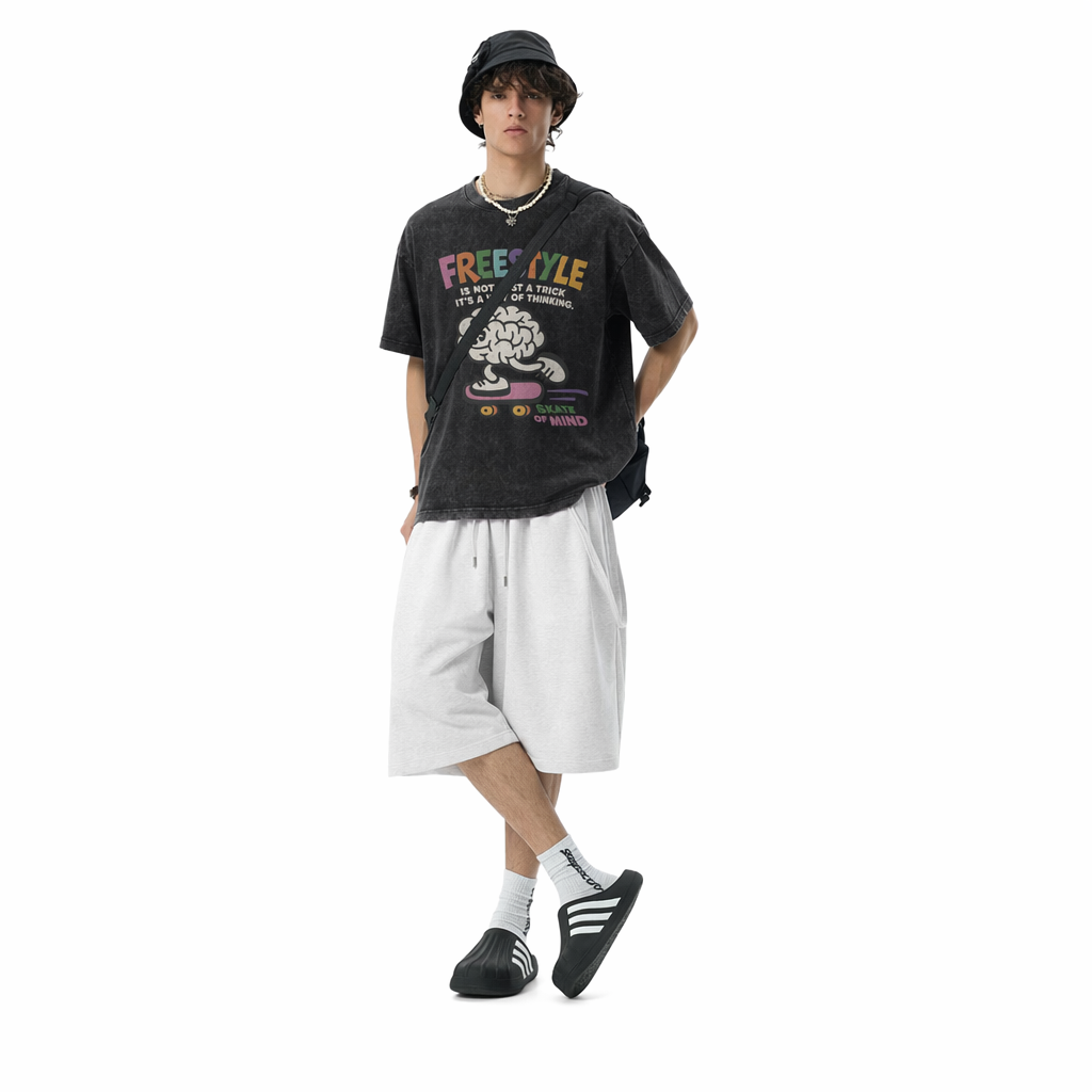 Vintage Acid Wash Freestyle Skate Of Mind Cartoon Brain Skateboard Graphic Tee | Retro Skate Unisex Oversized High-Quality Cotton Blend Streetwear T-Shirt