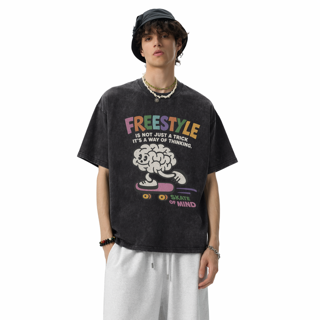Vintage Acid Wash Freestyle Skate Of Mind Cartoon Brain Skateboard Graphic Tee | Retro Skate Unisex Oversized High-Quality Cotton Blend Streetwear T-Shirt