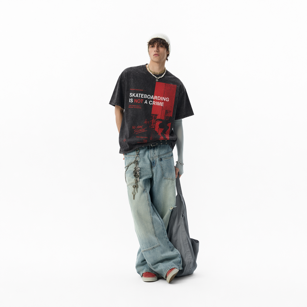 Vintage Acid Wash Skateboarding Is Not A Crime Red Block Silhouette Skate Protest Graphic Tee | Rebel Skate Unisex Oversized High-Quality Cotton Blend Streetwear T-Shirt