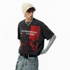 Vintage Acid Wash Skateboarding Is Not A Crime Red Block Silhouette Skate Protest Graphic Tee | Rebel Skate Unisex Oversized High-Quality Cotton Blend Streetwear T-Shirt