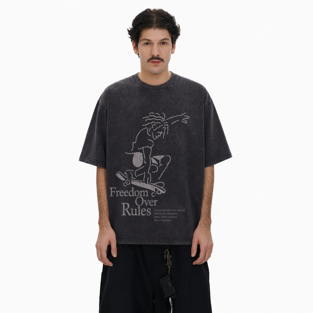 Vintage Acid Wash Freedom Over Rules Minimal Line Art Skateboarder Graphic Tee | Street Skate Freedom Unisex Oversized High-Quality Cotton Blend Streetwear T-Shirt