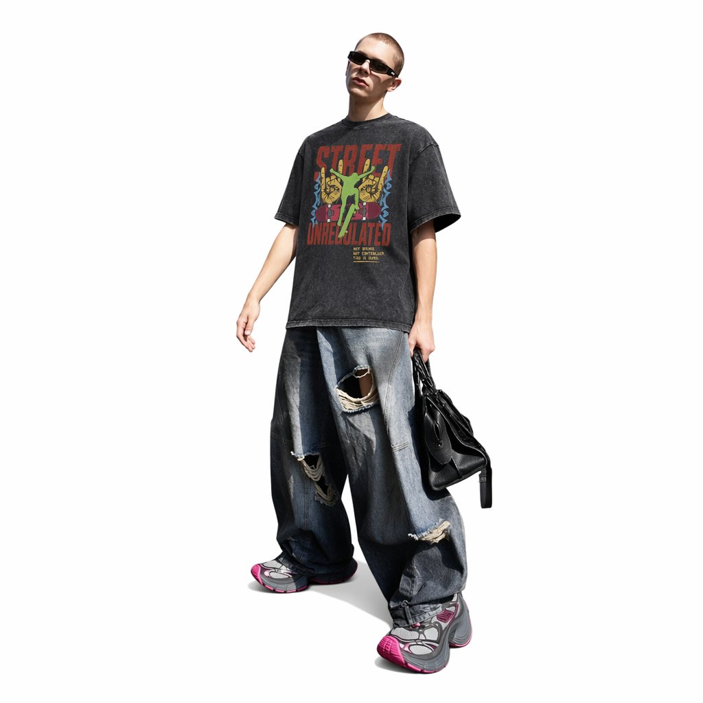 Vintage Acid Wash Street Unregulated Rock Hand Skate Silhouette Graphic Tee | Rebellious Street Skate Unisex Oversized High-Quality Cotton Blend Streetwear T-Shirt