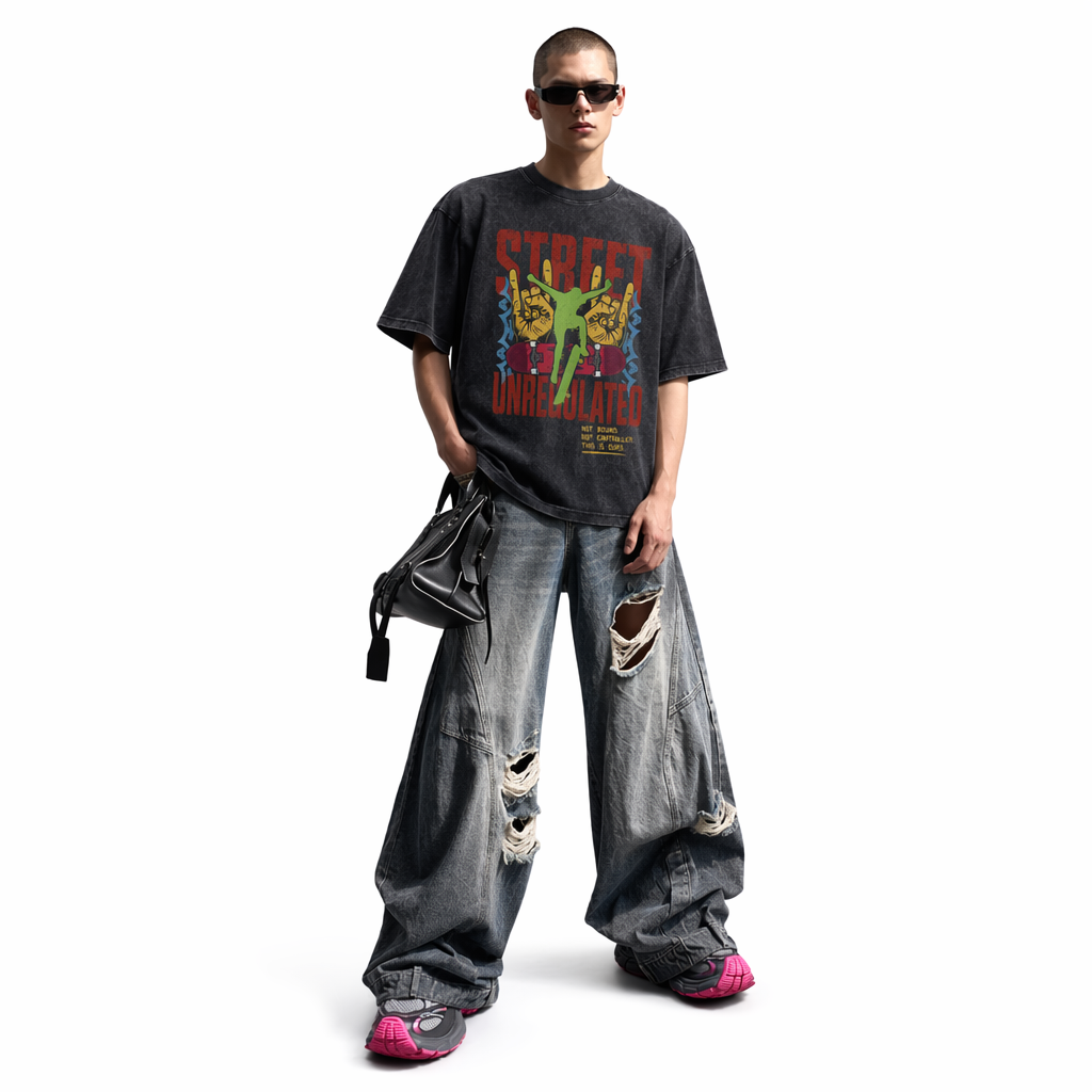 Vintage Acid Wash Street Unregulated Rock Hand Skate Silhouette Graphic Tee | Rebellious Street Skate Unisex Oversized High-Quality Cotton Blend Streetwear T-Shirt