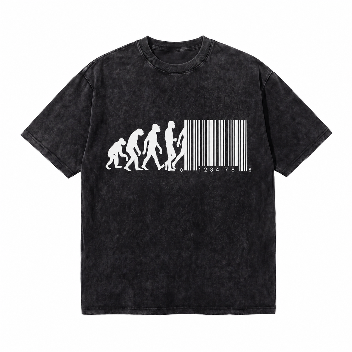 Vintage Washed Human Evolution Barcode Graphic Tee, Anti-Consumerism Oversized Streetwear T-Shirt