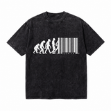 Vintage Washed Human Evolution Barcode Graphic Tee, Anti-Consumerism Oversized Streetwear T-Shirt