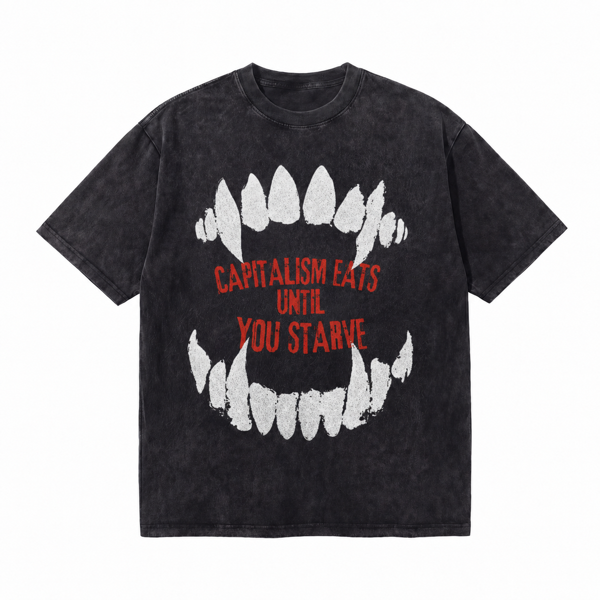 Vintage Acid Wash Monster Fangs Anti-Capitalism Slogan Graphic Tee Oversized Punk Street T-Shirt