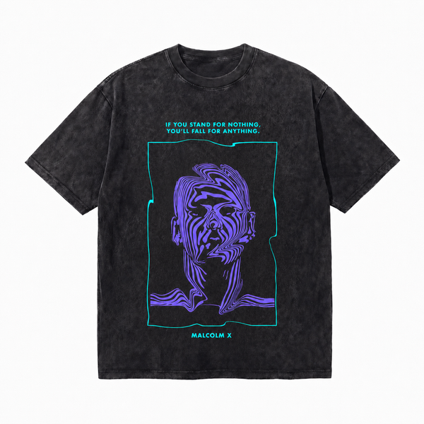 Vintage Acid Wash Malcolm X Quote Distorted Portrait Graphic Tee Oversized Activist Street T-Shirt