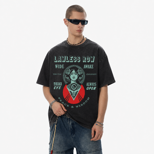 LAWLESSROW Vintage Mystic Woman Third Eye Circular Text Collage Vintage Tee - hover