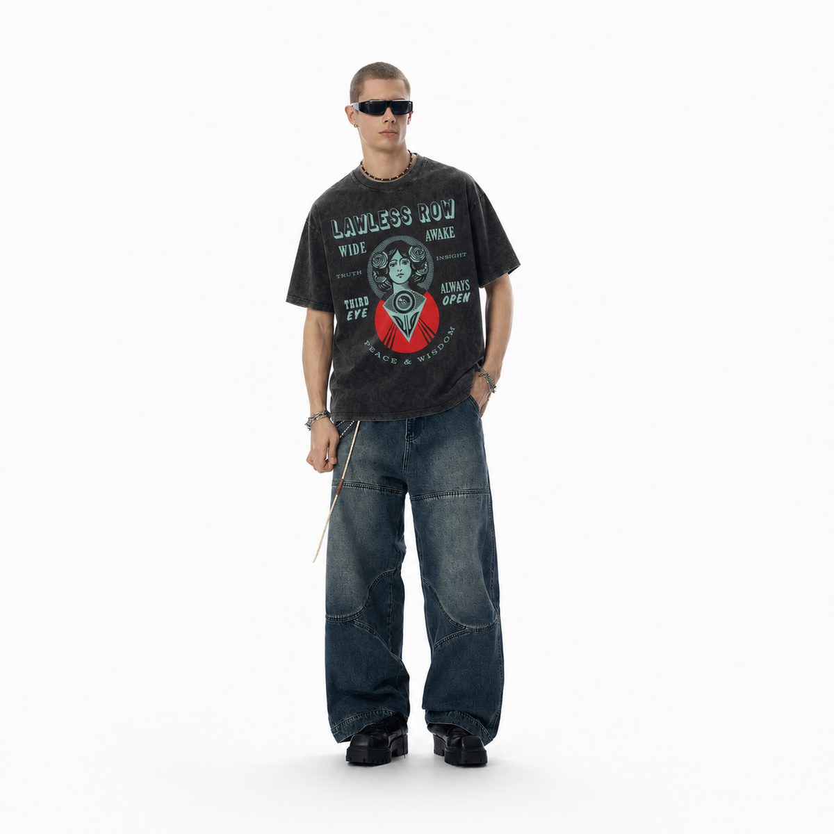 100%Cotton|Vintage Acid Wash Lawless Row Third Eye Mystic Graphic Tee | Spiritual Awakening Unisex Oversized High-Quality Cotton Blend Streetwear T-Shirt