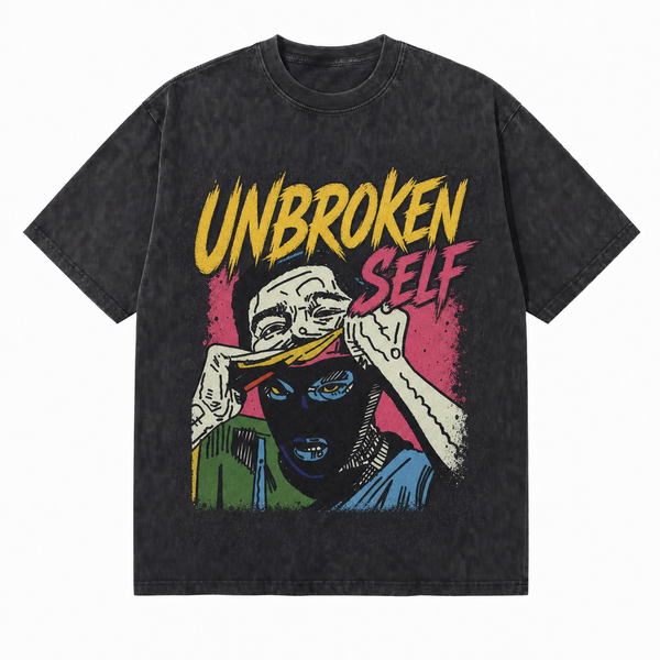 Vintage Acid Wash Unbroken Self Mask Portrait Graphic Tee | Retro Underground Punk Unisex Oversized Heavy Cotton Streetwear Distressed Black T-Shirt