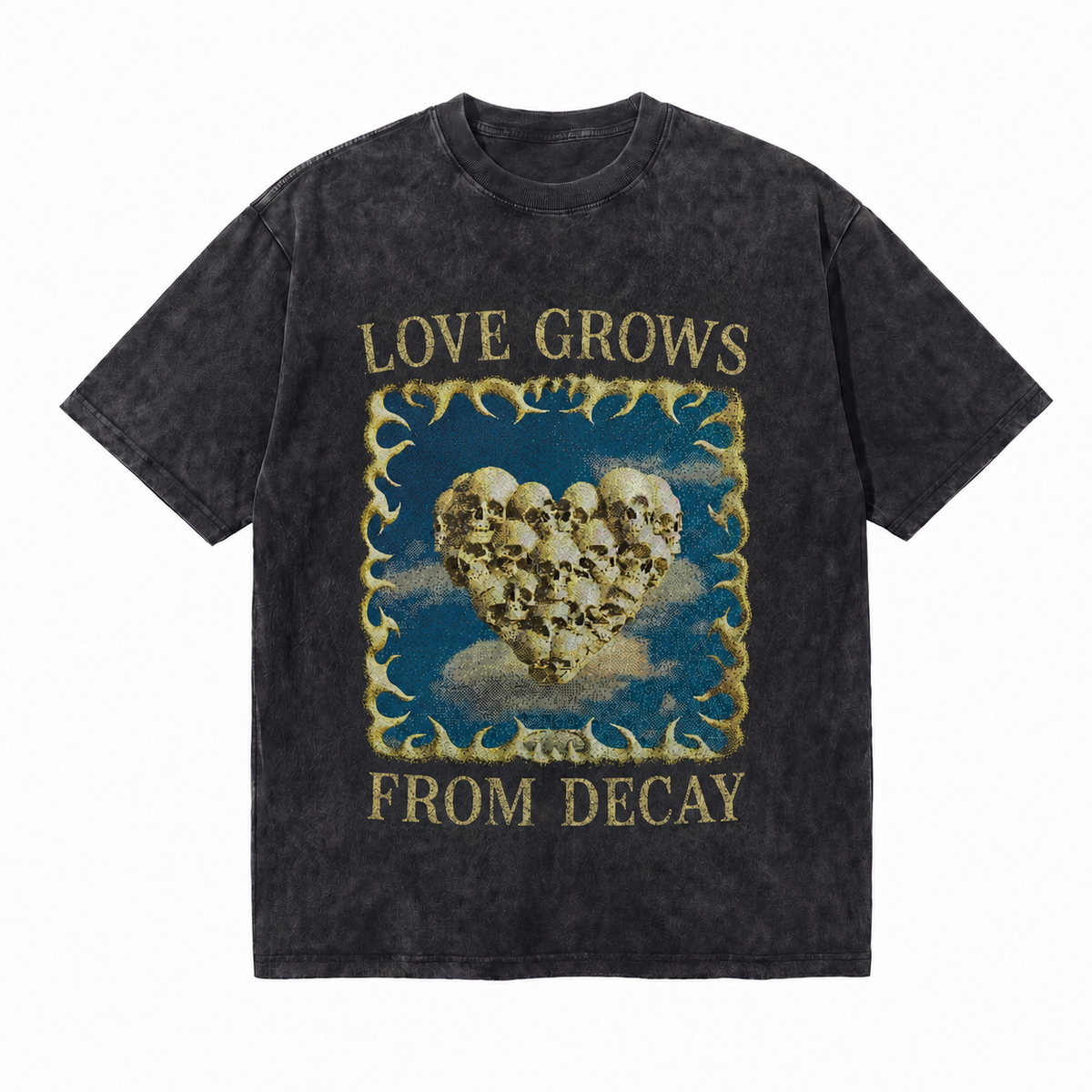 Vintage Acid Wash Skull Heart Graphic Tee | Dark Gothic Love Grows From Decay Unisex Oversized Heavy Cotton Distressed Black Streetwear T-Shirt