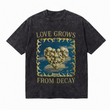 Vintage Acid Wash Skull Heart Graphic Tee | Dark Gothic Love Grows From Decay Unisex Oversized Heavy Cotton Distressed Black Streetwear T-Shirt