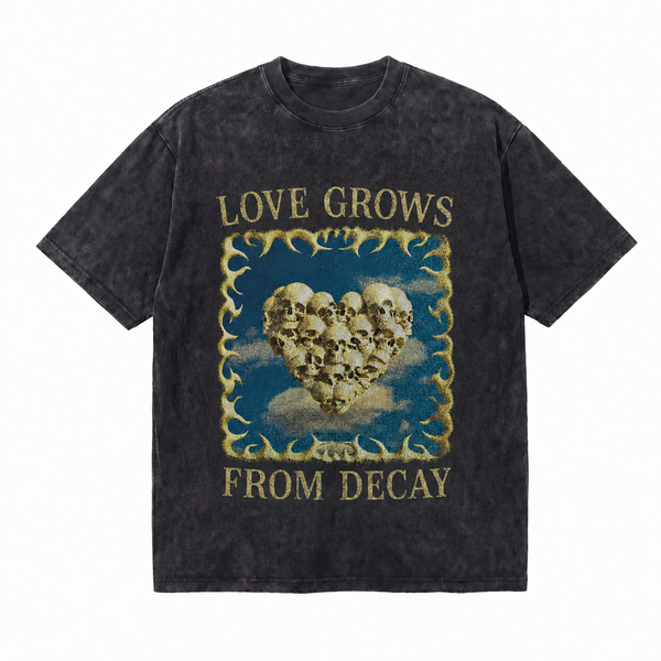 Vintage Acid Wash Skull Heart Graphic Tee | Dark Gothic Love Grows From Decay Unisex Oversized Heavy Cotton Distressed Black Streetwear T-Shirt