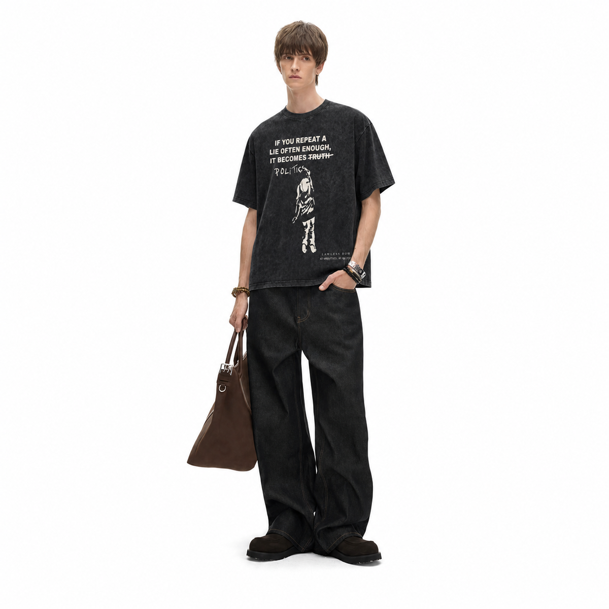 Vintage Acid Wash Anti-Politics Lie Quote Silhouette Graphic Tee | Freedom Activism Unisex Oversized High-Quality Cotton Blend Streetwear T-Shirt