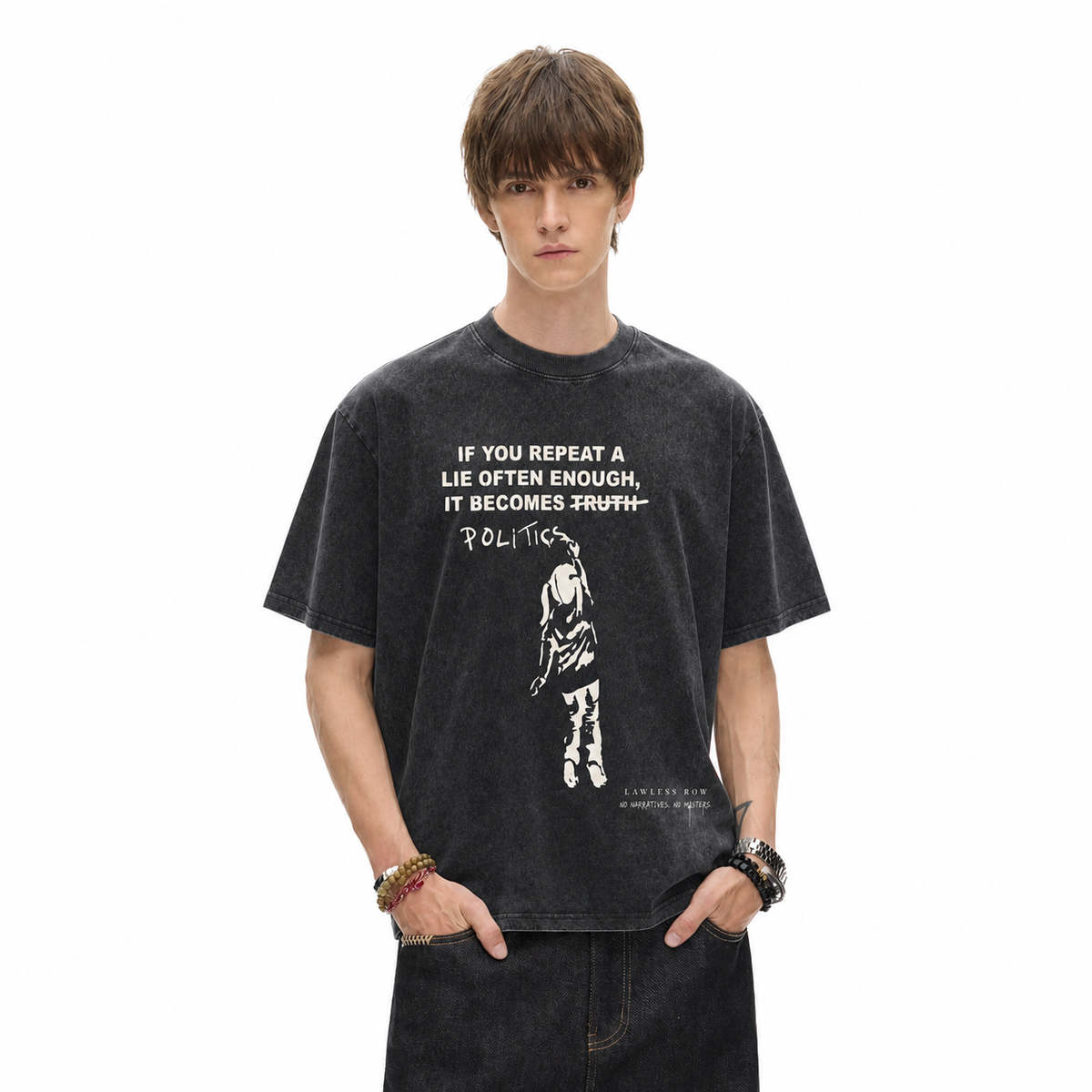 Vintage Acid Wash Anti-Politics Lie Quote Silhouette Graphic Tee | Freedom Activism Unisex Oversized High-Quality Cotton Blend Streetwear T-Shirt
