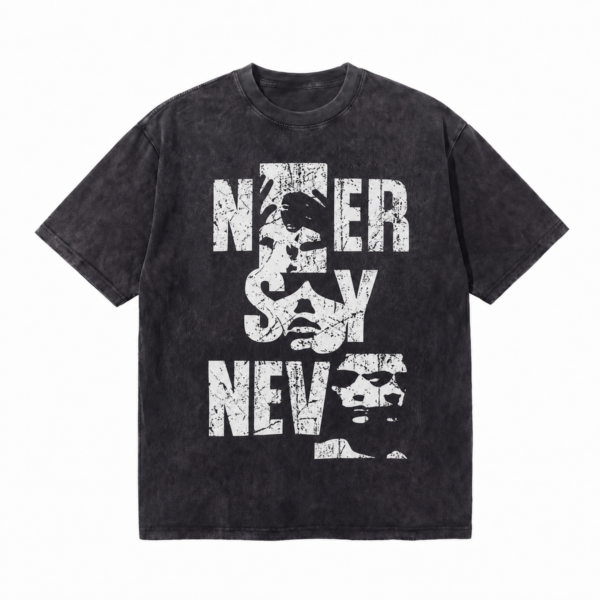 Acid Wash Never Say Never Distressed Font Embedded Face Graphic Oversized Grunge Street T-Shirt