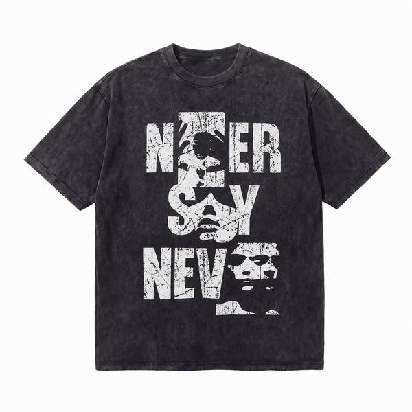 Acid Wash Never Say Never Distressed Font Embedded Face Graphic Oversized Grunge Street T-Shirt