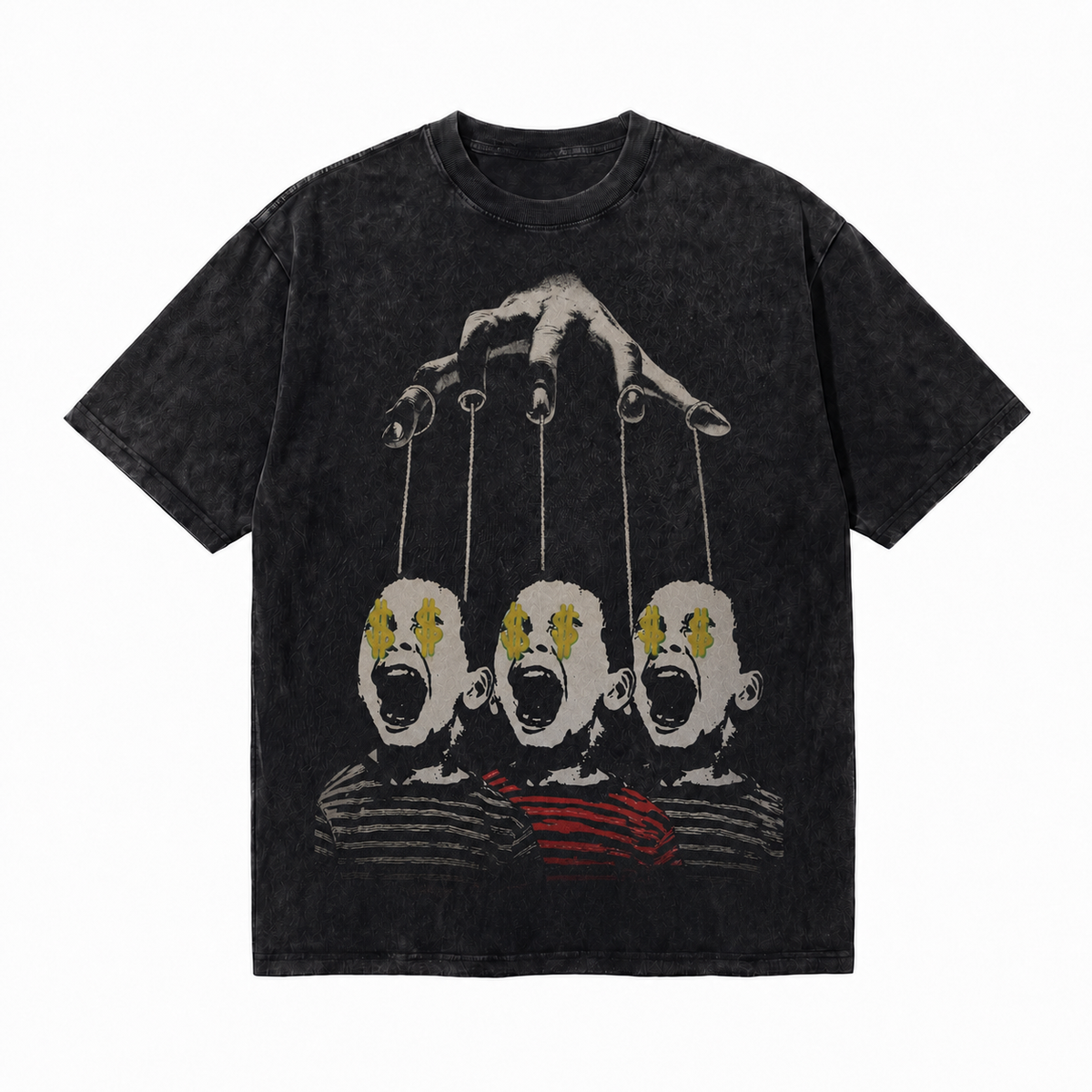 Vintage Acid Wash Puppeteer Hand Dollar Eyes Kids Anti-Capitalism Graphic Oversized Street T-Shirt