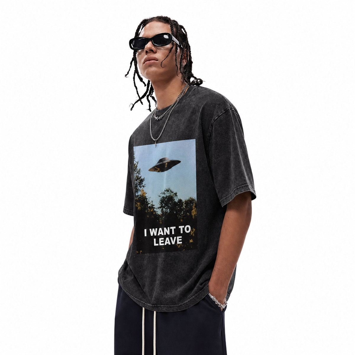 100%Cotton|Vintage Acid Wash UFO I Want To Leave Alien Photo Graphic Tee | Retro Sci-Fi Unisex Oversized High-Quality Cotton Blend Streetwear T-Shirt