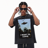 100%Cotton|Vintage Acid Wash UFO I Want To Leave Alien Photo Graphic Tee | Retro Sci-Fi Unisex Oversized High-Quality Cotton Blend Streetwear T-Shirt