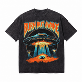 Vintage Acid Wash UFO Alien Fire Beam Graphic Tee | Retro Metal "Burn But Awake" Unisex Oversized Heavy Cotton Distressed Black Space Streetwear T-Shirt