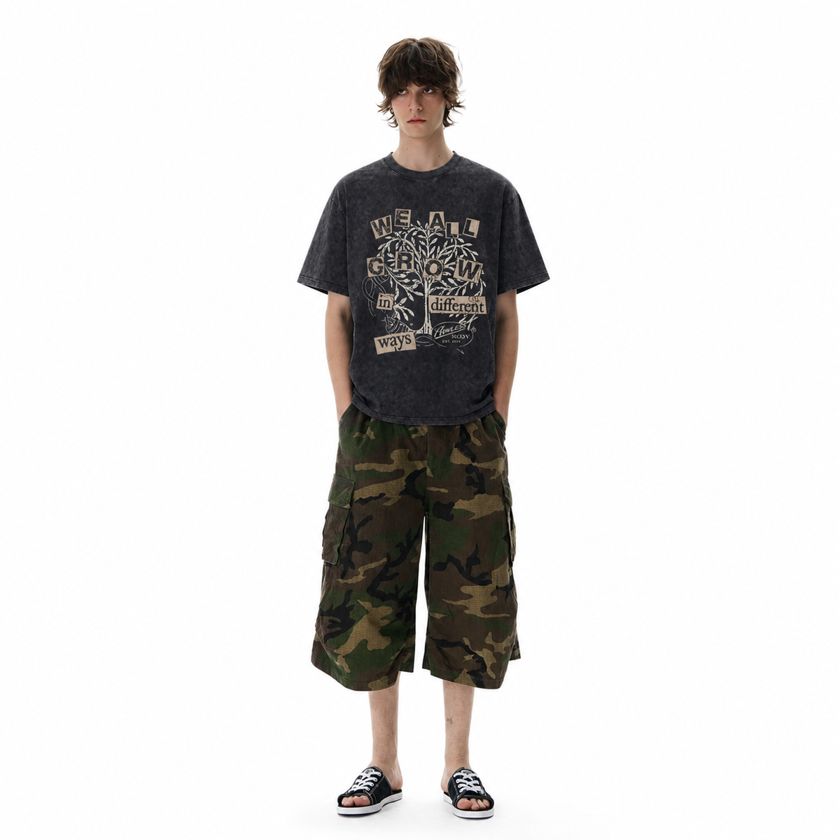 100% Cotton|Vintage Acid Wash We All Grow In Different Ways Tree Collage Graphic Tee | Growth Mindset Unisex Oversized High-Quality Cotton Blend Streetwear T-Shirt
