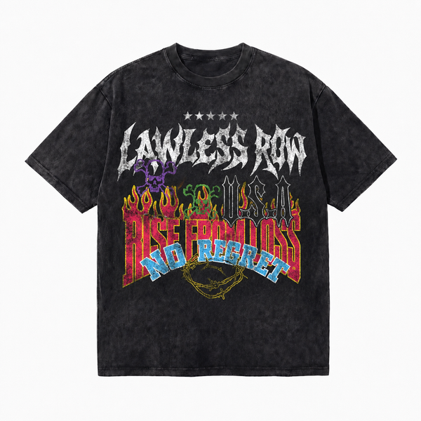 LAWLESSROW Rise From Loss No Regret Flame Skull Vintage Tee