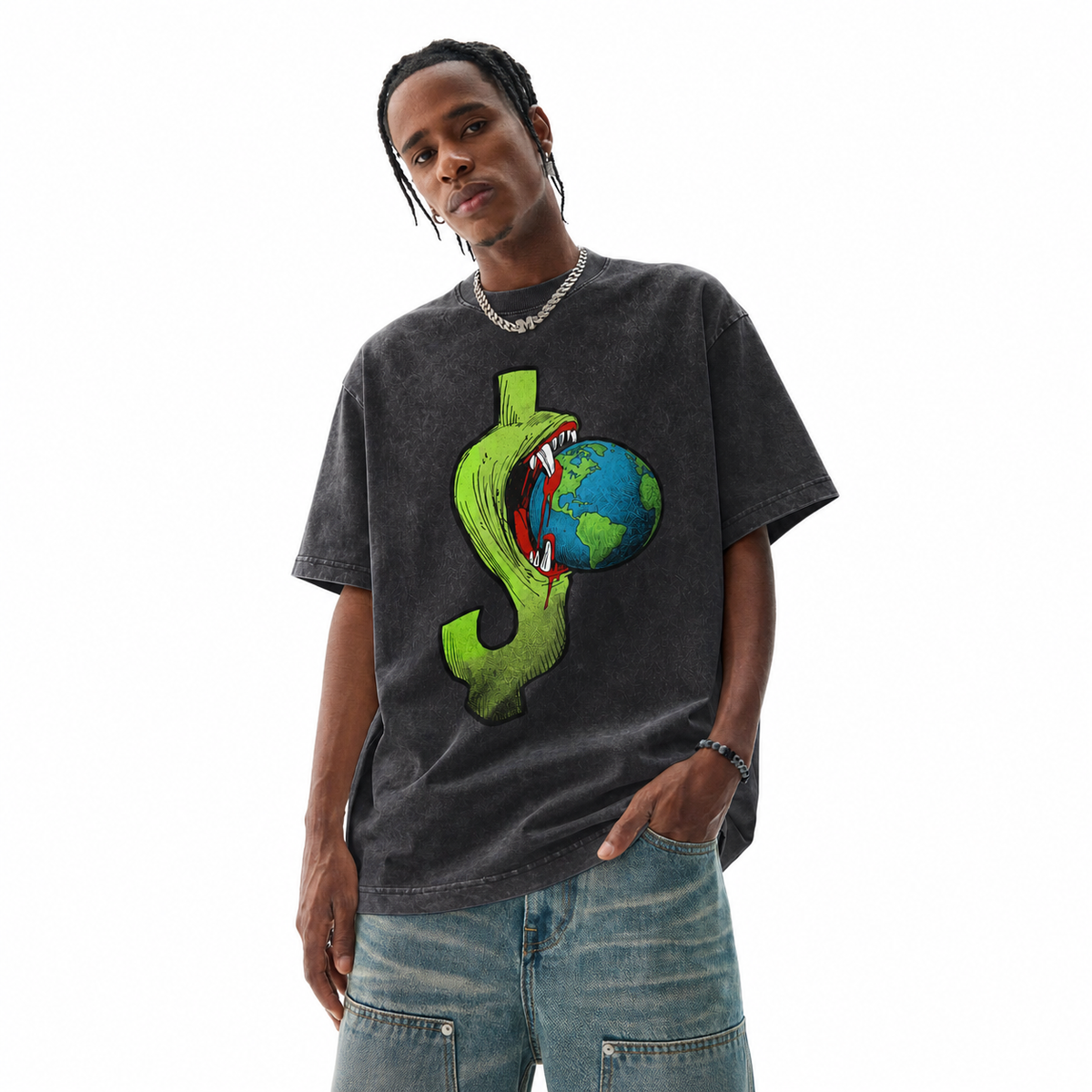 100% Cotton Vintage Acid Wash Greedy Dollar Devours Earth Anti-Capitalism Graphic Tee | Satirical Activism Unisex Oversized High-Quality Cotton Blend Streetwear T-Shirt
