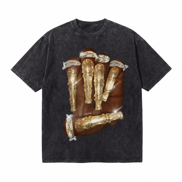 LAWLESSROW Iced Gold Skeleton Hand Hip Hop Vintage Tee