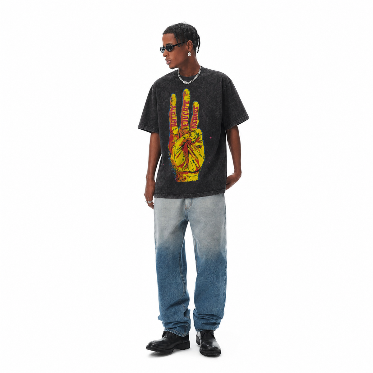 Acid Wash Agitate Educate Organize Three Fingers Protest Graphic Tee Oversized Streetwear T-Shirt