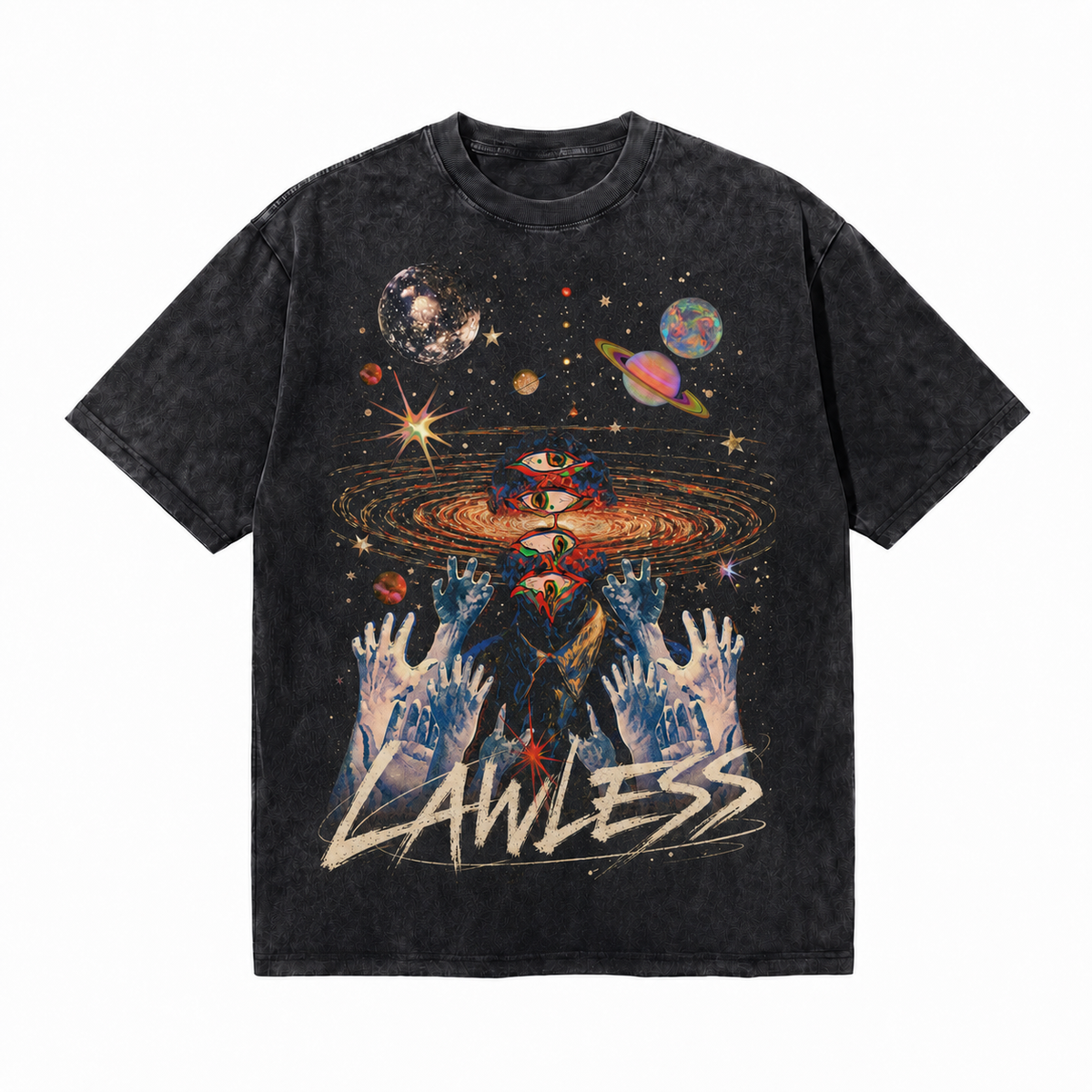 Vintage Acid Wash Cosmic Trippy Multi-Eyed Alien Hands Graphic Tee | Psychedelic Space Lawless Unisex Oversized Heavy Cotton Distressed Black Streetwear T-Shirt