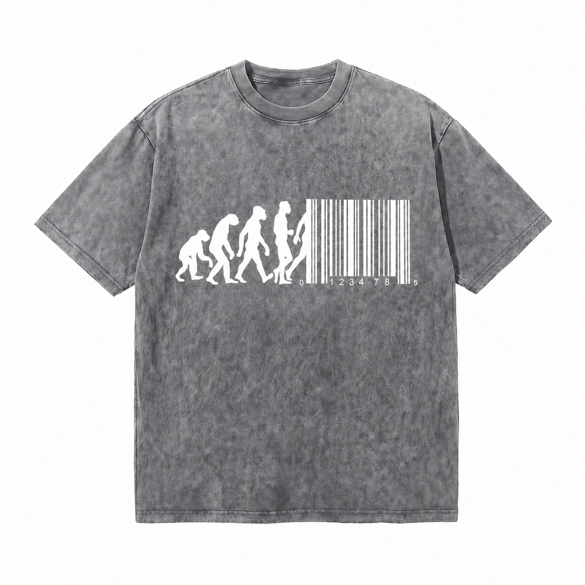 Vintage Washed Human Evolution Barcode Graphic Tee, Anti-Consumerism Oversized Streetwear T-Shirt