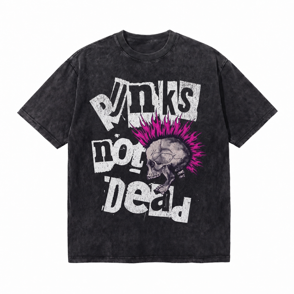 LAWLESSROW Punks Not Dead Pink Mohawk Skull Vintage Tee